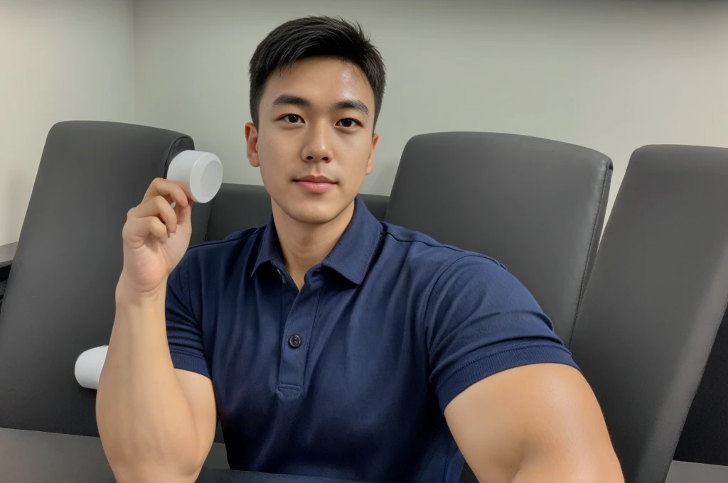 A male police officer in his 20s poses for a group photo., Wear a navy blue polo shirt., high resolution, Masterpiece, best quality, head:1.3,, Smooth and fine skin, clear focus, (movie light), during the night, gentle light, Dynamic angle, (detailed face:1.2), (((exercise))), sport, His arm muscles were very big., hand in crotch, in his office