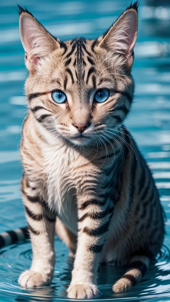 a striped cat with blue eyes and squint with an M on its forehead in a pool of water 