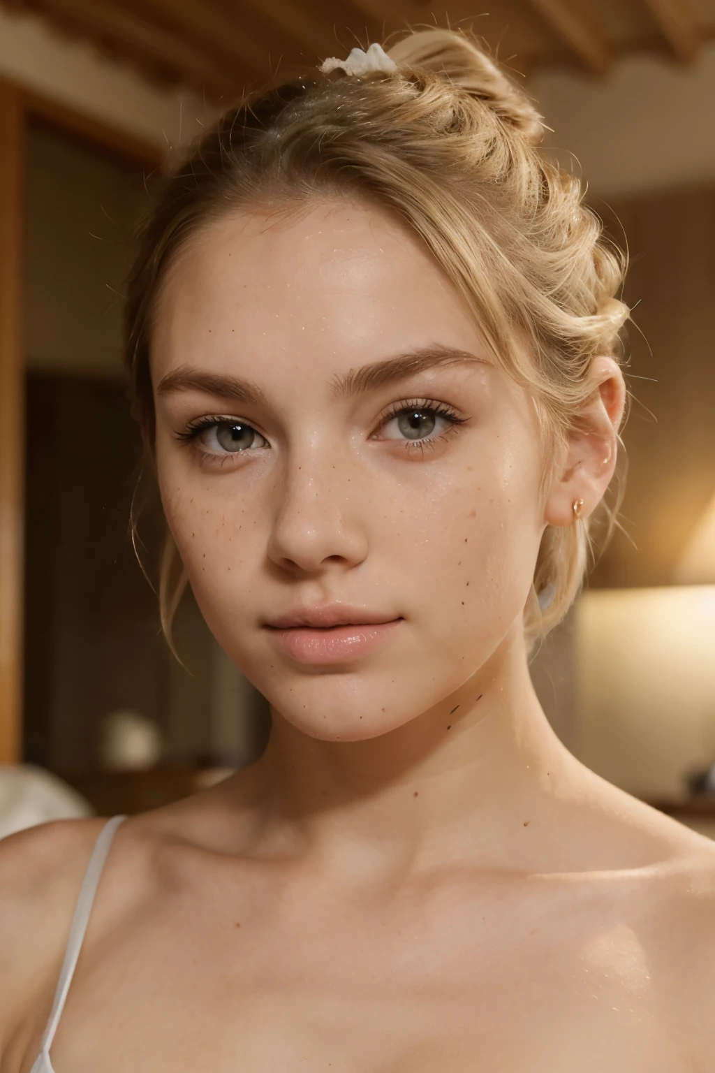 man, white skin with small freckles on the nose and cheeks, delicate and attractive features, wide shoulders, Shoulder-length ash blonde hair pulled back into a messy bun