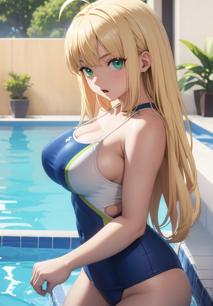 1girl,masterpiece, best quality, high resolution, green eyes, blue school swimsuit, school swimsuit, big breasts, nice breasts, pretty, blonde hair, blonde, ahoge hair swimming pool, pool :o