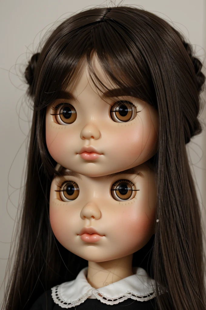 Blythe doll, chubby girl, round face, brunette, Mole under the right eye, dark brown eyes and a LITTLE slanted, straight black hair, thick lips, hair tied 
