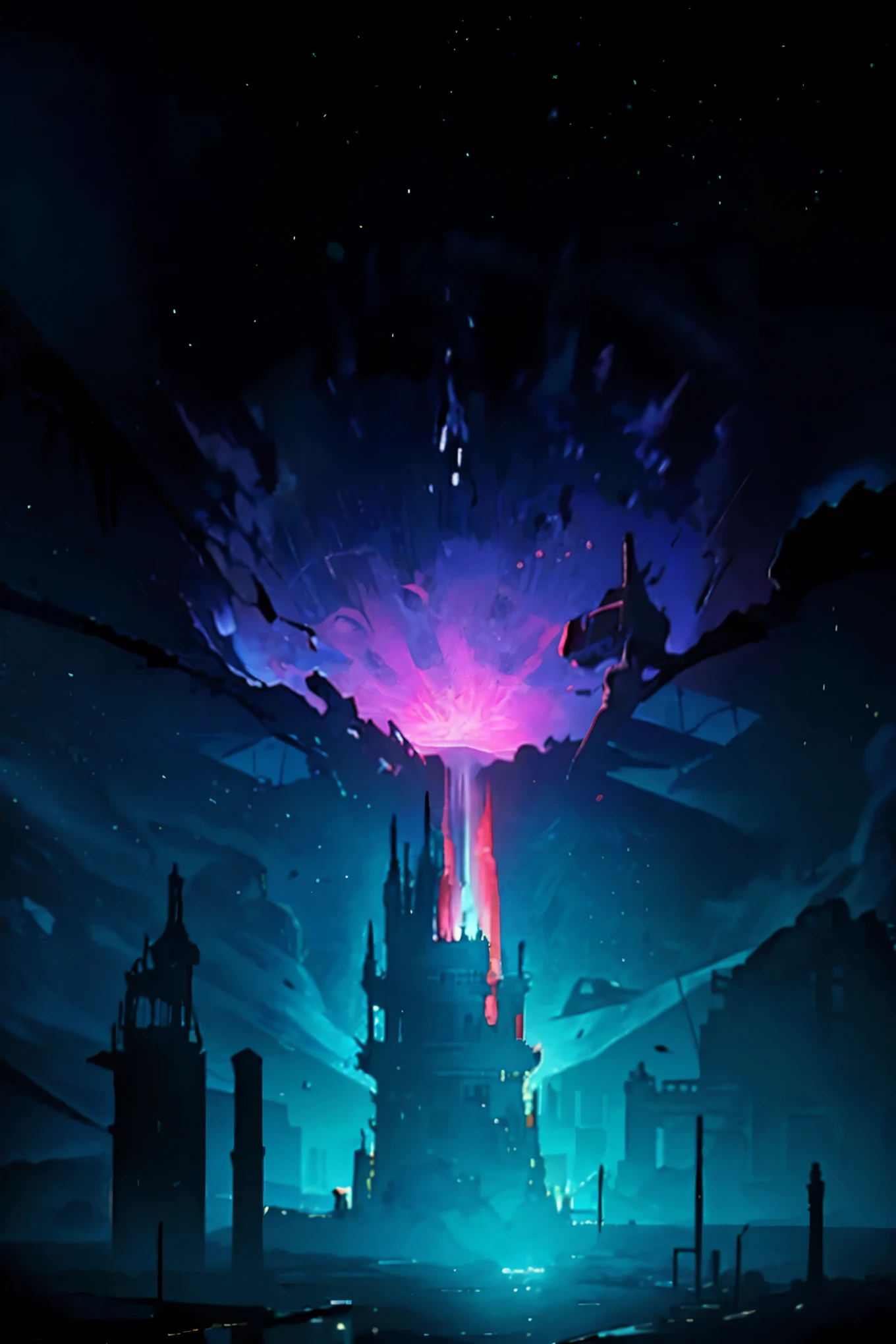 There exists an eerie spectacle of an empty building, a relic of human civilization, drifting aimlessly in the vast expanse of outer space. The once towering structure now stands as a ghostly silhouette against the inky black backdrop of the cosmos. Flickers of stray light from distant stars illuminate its hollow windows and rusty edges, adding a haunting ambiance to this desolate scene.

Perched atop this forsaken structure, there's an unexpected sight: a large, radiant pink and white boar, seemingly out of place among the celestial bodies. Its lustrous fur catches the scant light, casting an ethereal glow over the