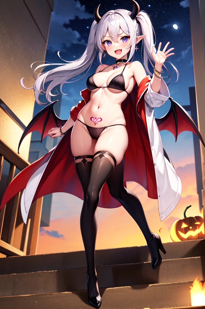 1girl, breasts, solo, highleg, thighhighs, long hair, navel, looking at viewer, smile, blue eyes, open mouth, ass visible through thighs, two side up, head wings, cameltoe, stomach, armpits, red thighhighs, :d, standing, fang, bare shoulders, arm up, bangs, revealing clothes, thighs, blush, outdoors, black bikini, highleg bikini, full moon, highleg panties, moon, medium breasts, skindentation, demon girl, high heels, underwear,
white hair, bikini, large breasts, very long hair, swimsuit, night, toes, off shoulder, hair ornament, cleavage, full body, open clothes, choker, wings, jewelry, wristband, hand up, toeless legwear, earrings, grey hair, skin fang, panties, groin, sandals, wide sleeves, bracelet, detached sleeves, bridal legwear, demon wings, bra, feet, from below, thigh boots, horns, sidelocks, jacket, open jacket, sky, black panties, long sleeves, legs, black bra, purple eyes, boots, dutch angle, twintails, wing hair ornament, cross, stirrup legwear, hair between eyes, partially visible vulva, fangs, red footwear, coat, floating hair, open coat, pointy ears, toeless footwear, demon horns, halloween, vampire, pelvic curtain, toenails, midriff, building, black footwear, string bikini, black choker, covered nipples, stairs, indoors, bat wings, breasts apart, detached collar, bat hair ornament, demon tail, night sky, lantern, ruins, red bikini, cloud, v-shaped eyebrows, simple background, white background, string panties, contrapposto, black jacket, +_+, sideboob, robe, cross earrings, watermark, crossed bangs, shoes, pubic tattoo, waving, collarbone, outstretched arm, thong, toenail polish,