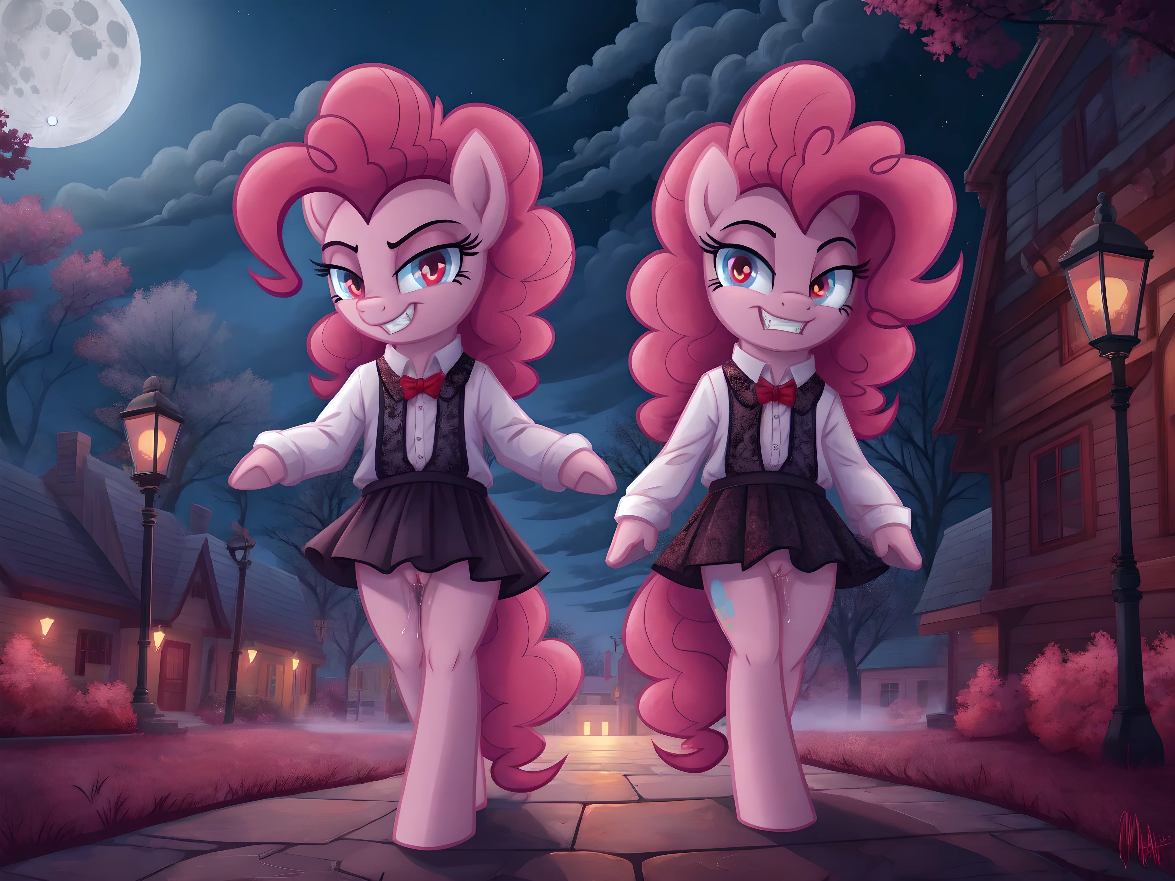 Pinkie pie, pony, walking,  skirt, pussy, pussy juice, vampire teeth, red eyes, glowing eyes, looking at the viewer, smirk, seductive,  in the forest, in public, evening, street lamps, fog, moon, clouds