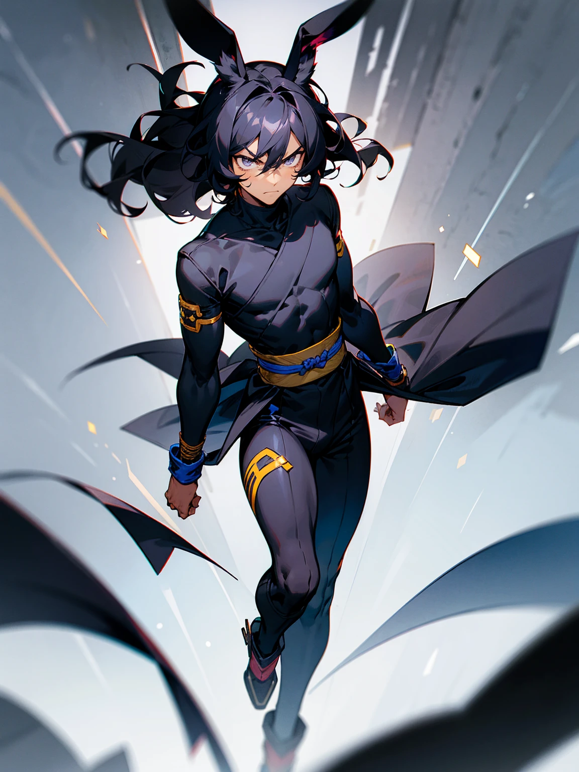1male, young, dark skin, black hair, wavy middle parted hair, rabbit ears, grey eyes, lean build, black sweatshirt, black super suit, tied to waist, leg bracers, Japanese school, serious expression