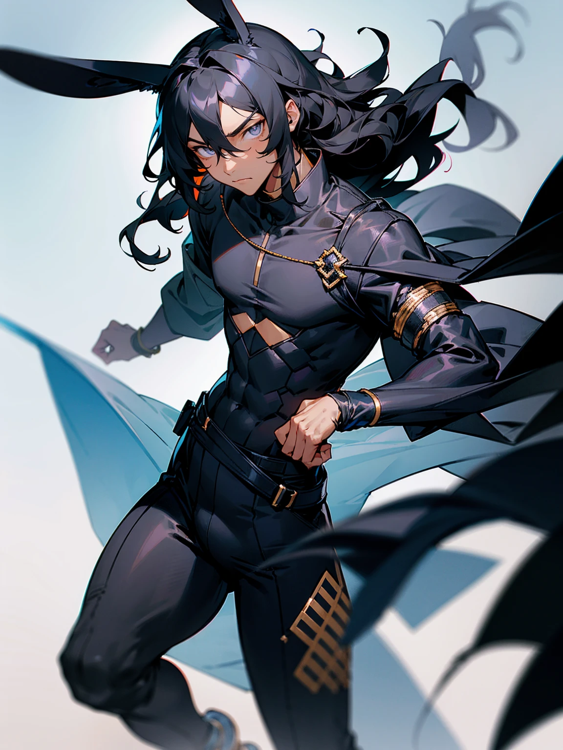 1male, young, dark skin, black hair, wavy middle parted hair, rabbit ears, grey eyes, lean build, black sweatshirt, black super suit, tied to waist, leg bracers, Japanese school, serious expression