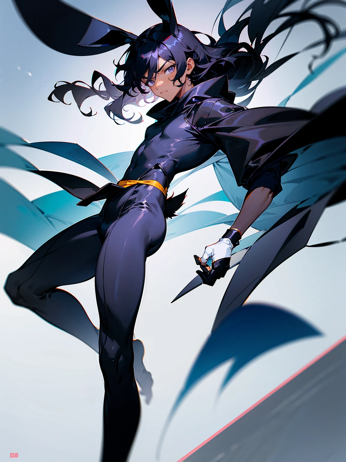 1male, young, dark skin, black hair, wavy middle parted hair, rabbit ears, grey eyes, lean build, black sweatshirt, black super suit, tied to waist, leg bracers, Japanese school, serious expression