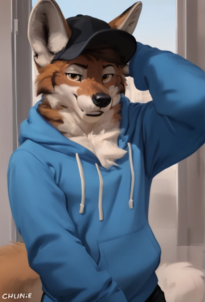 arafed wolf wearing a blue hoodie and a black hat, in a hoodie, thick furry neck and chest fluff, commission for high res, wearing a hoody, wearing a hoodie, wearing a blue hoodie, furry wolf, furry chest, casually dressed, furry fursona, an anthro wolf, pov furry art, fursona furry art commission, dressed casually