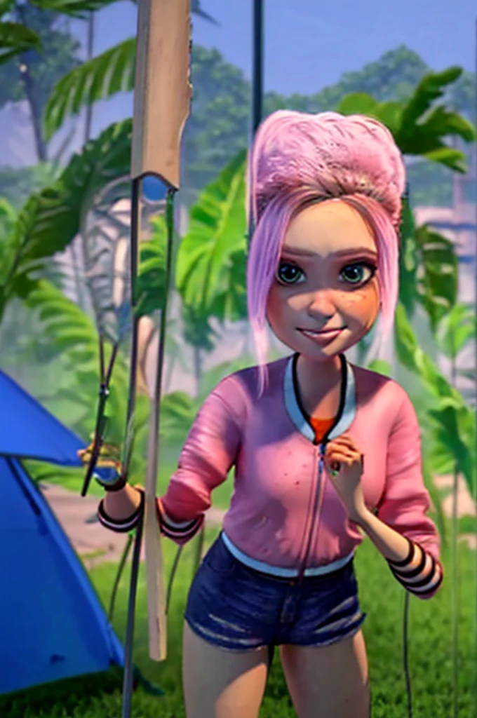 ((masterpiece,best quality)), absurdres,
Brooklynn_Jurassic_Park,  
solo, smiling, looking at viewer, cowboy shot, hand on hip, 
tropical background, her thighs are stuck looking at the viewers looks scared and blushing 