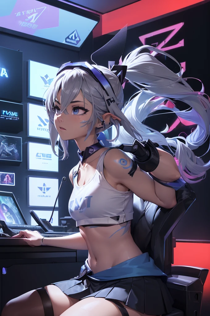 (((((7 avatar shot)))), Silver Wolf, Masterpiece, Best Quality, Ultra Detailed, Extremely Detailed 16k CG Wallpaper, Beautiful Face, (Silver Wolf in Esports Room), (Perfect Beautiful Curved Figure), Seated, Rainbow Color Jewel Eyes, Wearing Resin Hologram Sports Bra, Crop Top Drape, Mini Pleated Skirt, Bell Collar, Logo, Impotence, Contour Light, Concert, Neon Sign, Audio, Bell Collar, Esports Headset, Computer, Esports Room, Play Games, White Interior Through Red Skin, holographic projection, flat sphere, graffiti logo, highly detailed tattoo_, Authoring information