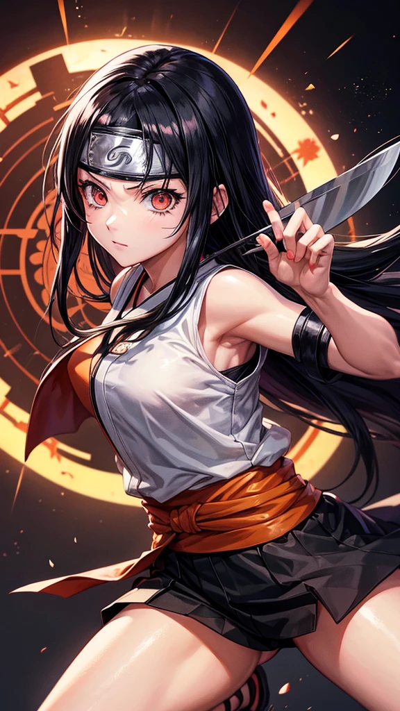 anime girl, naruto anime, Folha village band, Uchiha clan, Sharingan eyes, Long black hair, kunai in the hand, combat pose, fully body, sultry body