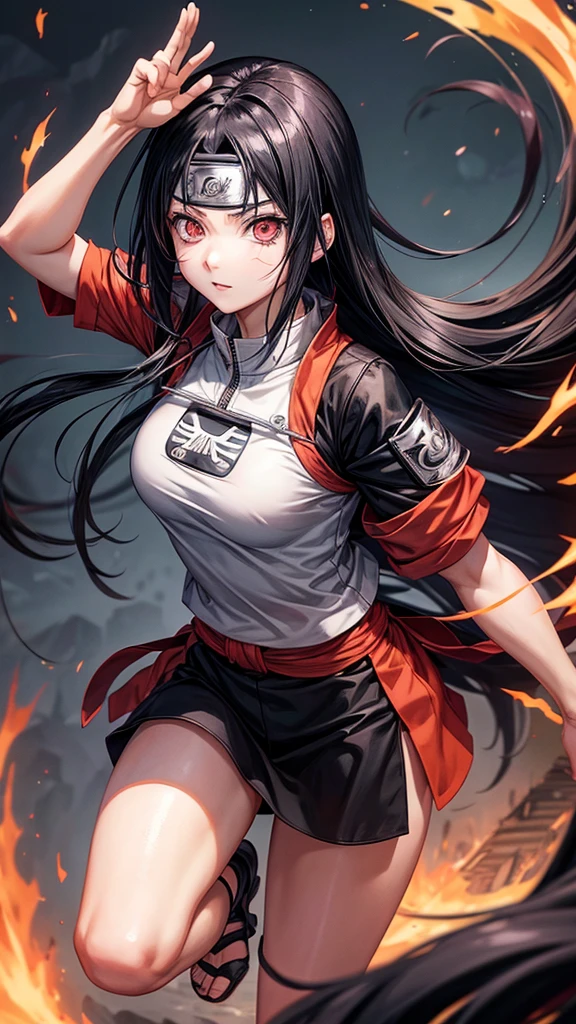 anime girl, naruto anime, Folha village band, Uchiha clan, Sharingan eyes, Long black hair, kunai in the hand, combat pose, fully body, sultry body