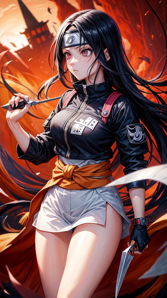 anime girl, naruto anime, Folha village band, Uchiha clan, Sharingan eyes, Long black hair, kunai in the hand, combat pose, fully body, sultry body