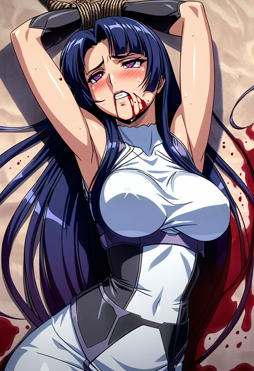 ((Yatsu Murasaki)),,Bloody clothes,,blood is flowing from the mouth,Weakened woman,arms up,shibari,Infusion,