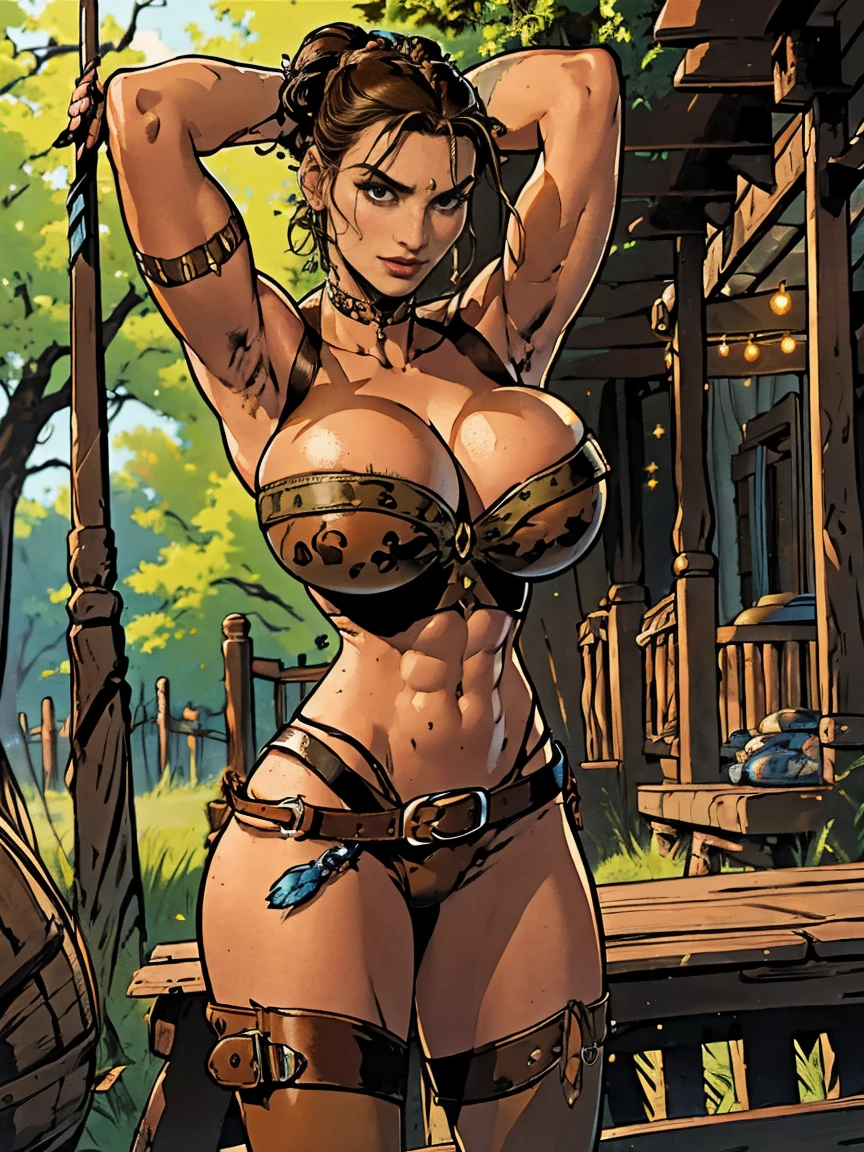 (masterpiece, top quality, best quality, official art, beautiful and aesthetic:1.2), (1girl:1.3), dark brown hair pulled back, topknot, braids, extremely detailed, portrait, looking at viewer, solo, (full body:0.6), detailed background, close up, facepaint, tribal tattoos, (warm summer Africa theme:1.1), view from below, seven feet tall, buff and busty giant barbarian queen, elegant face, long face, charlatan, smirk, mysterious, walking in savannah, revealing tribal attire, bare midriff, brown leather, fur lined clothes, long boots, buckles, straps, pouches, axes, tan fabric, brown leather, ((((gigantic breasts, skindentation, cleavage, stretching, flexing)))), (flexing muscles, muscular), strong, cute belly button, toned tummy, slim waist, slim hips, long legs, muscular legs, (savannah exterior:1.1) background, dark mysterious lighting, shadows, magical atmosphere, dutch angle