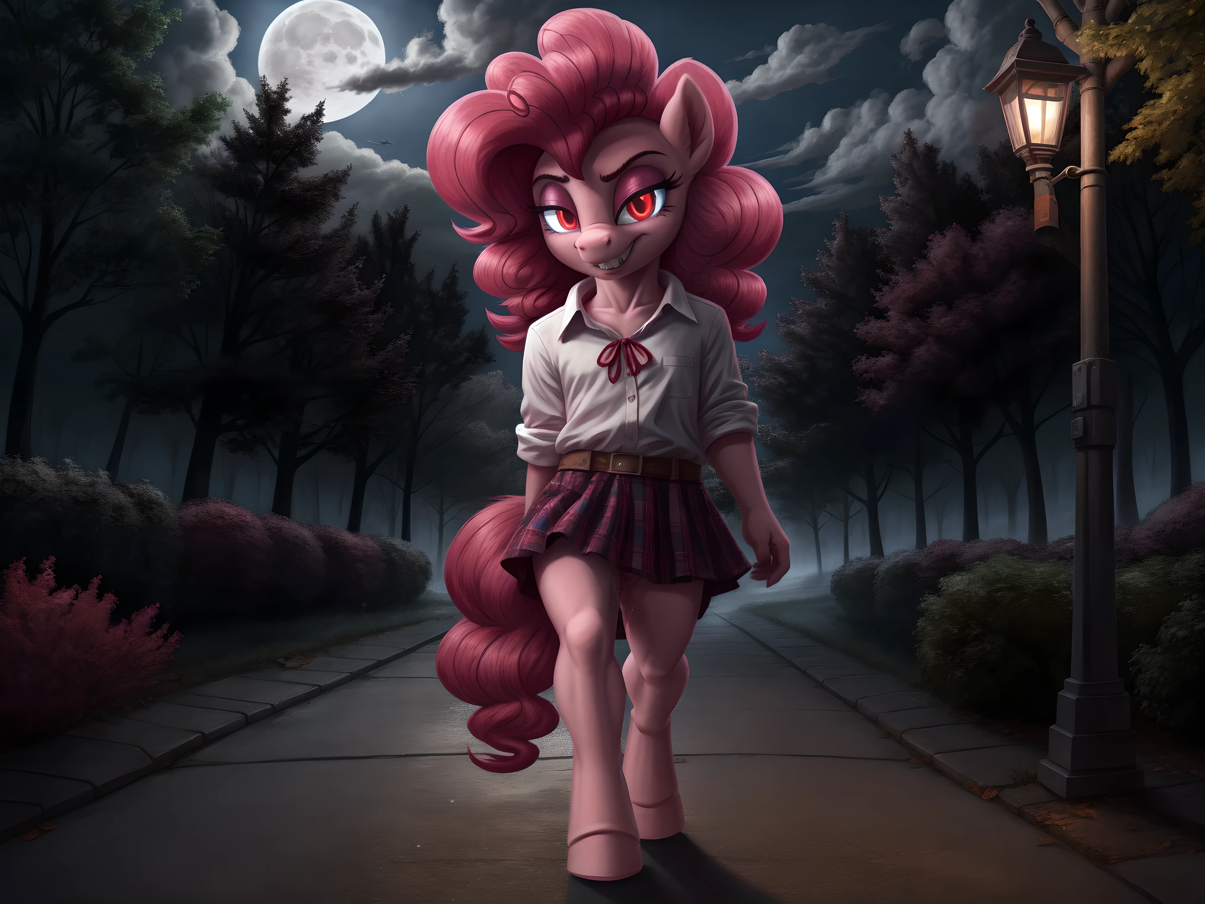 Pinkie pie, pony, walking,  skirt, pussy, pussy juice, vampire teeth, red eyes, glowing eyes, looking at the viewer, smirk, seductive,  in the forest, in public, evening, street lamps, fog, moon, clouds