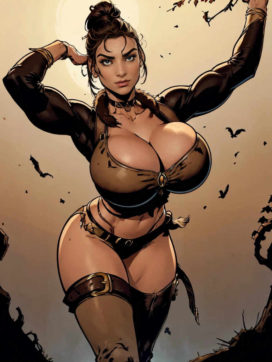(masterpiece, top quality, best quality, official art, beautiful and aesthetic:1.2), (1girl:1.3), dark brown hair pulled back, topknot, braids, extremely detailed, portrait, looking at viewer, solo, (full body:0.6), detailed background, close up, facepaint, tribal tattoos, (warm summer Africa theme:1.1), view from below, seven feet tall, buff and busty giant barbarian queen, elegant face, long face, charlatan, smirk, mysterious, walking in savannah, revealing tribal attire, bare midriff, brown leather, fur lined clothes, long boots, buckles, straps, pouches, axes, tan fabric, brown leather, ((((gigantic breasts, skindentation, cleavage, stretching, flexing)))), (flexing muscles, muscular), strong, cute belly button, toned tummy, slim waist, slim hips, long legs, muscular legs, (savannah exterior:1.1) background, dark mysterious lighting, shadows, magical atmosphere, dutch angle