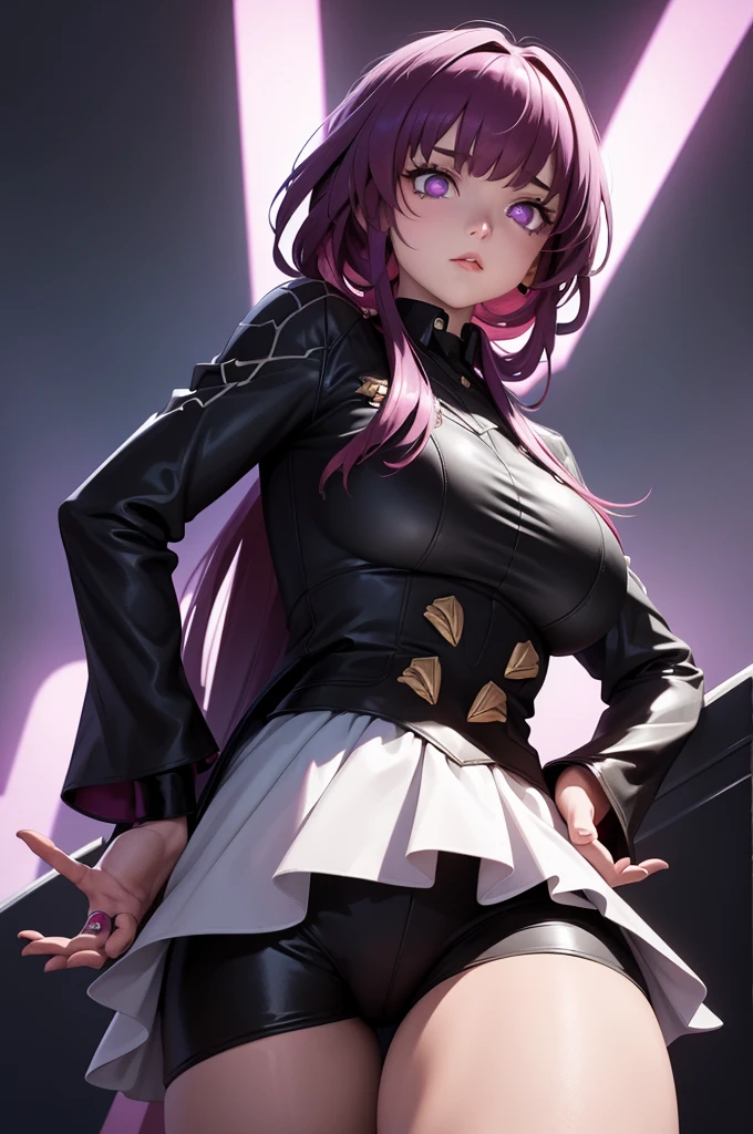 Masterpiece level, highest quality assurance, highlighting the image of 1 girl, official style, fantastic purple eyes and hair, elastic skin, moderate medium shot, looking directly at the audience, clear picture and vignetting effect, detailed and charming eyes (pureerosface_v1:0.5), extremely provocative action, intense star track background, bustling cross-legged, arrogant bangs, horror apocalyptic background, the same color of left and right eyes, (from below:1.5), (one girl:1.5)