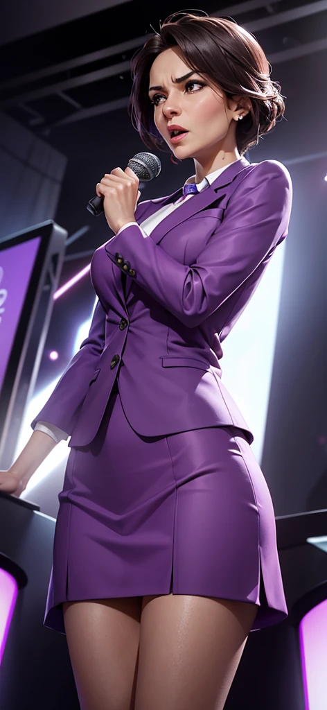 Create a dynamic and engaging image of a middle-aged woman wearing a light purple suit, standing confidently at a podium. She is speaking passionately into a microphone, as if engaging in a heated debate or delivering a persuasive speech. The woman’s expression should capture the intensity and passion of a debater type, with a sharp gaze and animated gestures. The podium and microphone should emphasize the public speaking aspect, surrounded by a vibrant and dramatic background that highlights the atmosphere of a high-stakes debate. Use bold lighting and contrasting shadows to enhance the intensity of the scene, making it visually striking and full of energy. This image should be creative and impactful, suitable for a captivating thumbnail.