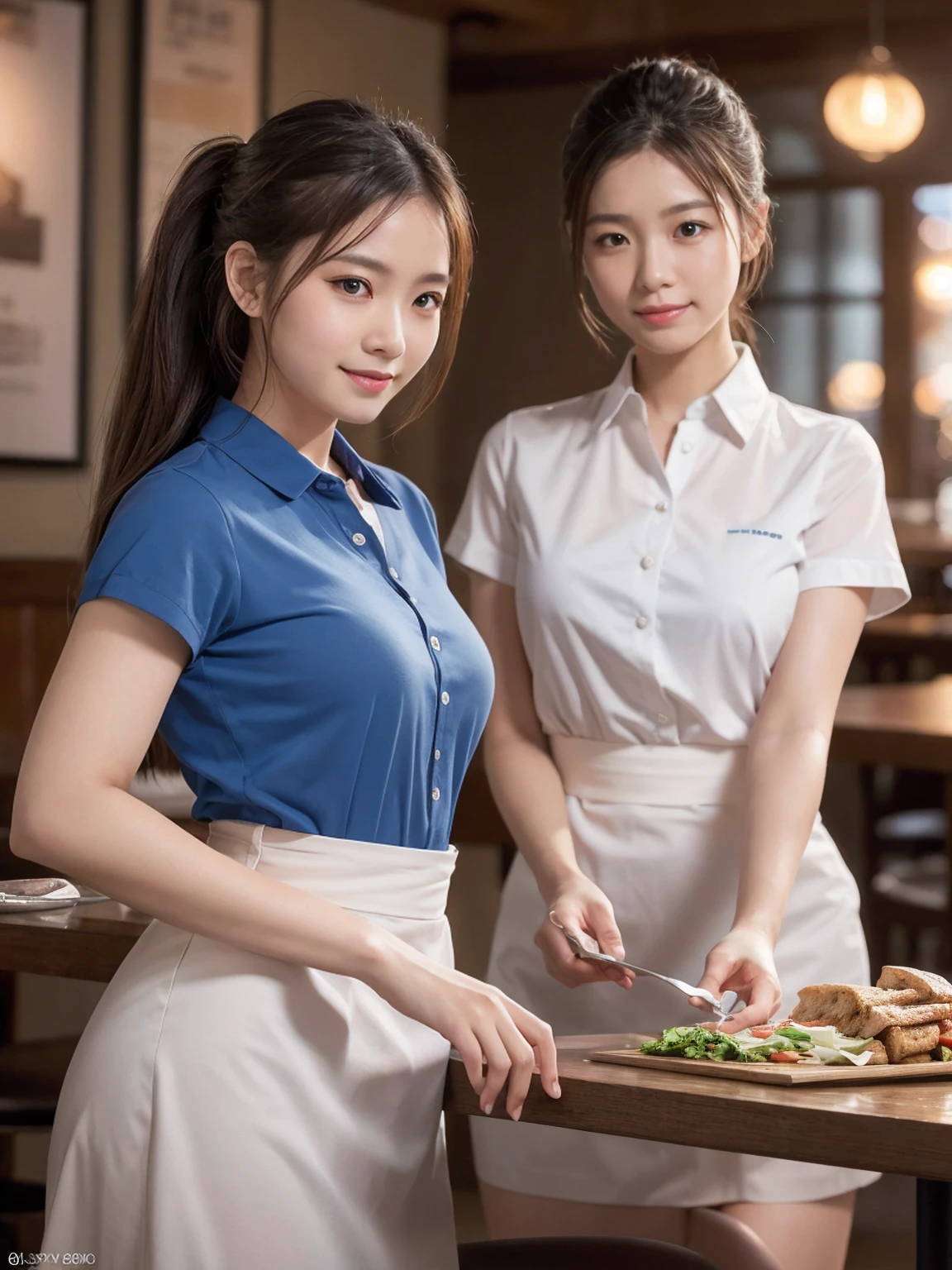 Smiling Asian waitress serving drinks, 2 girls, Beautiful attention to detail, Beautiful lip detail, Highly detailed eyes and face, Long eyelashes, Brown Hair, ponytail, A waitress making sandwiches on the back wall, restaurant, shirt, dish, cup, food, Realistic, (Highest quality,4K,8K,High resolution,masterpiece:1.2),Super detailed,(Realistic,photoRealistic,photo-Realistic:1.37),High resolution,超High resolution,Studio Lighting,Ultra-fine painting,Sharp focus,Physically Based Rendering,Very detailed explanation,Professional,Vibrant colors,Bokeh,Portraiture,photograph