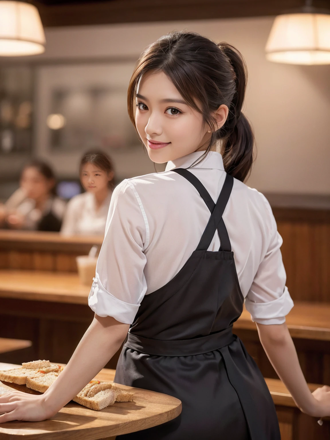 Smiling Asian waitress serving drinks, 2 girls, Beautiful attention to detail, Beautiful lip detail, Highly detailed eyes and face, Long eyelashes, Brown Hair, ponytail, A waitress making sandwiches on the back wall, restaurant, shirt, dish, cup, food, Realistic, (Highest quality,4K,8K,High resolution,masterpiece:1.2),Super detailed,(Realistic,photoRealistic,photo-Realistic:1.37),High resolution,超High resolution,Studio Lighting,Ultra-fine painting,Sharp focus,Physically Based Rendering,Very detailed explanation,Professional,Vibrant colors,Bokeh,Portraiture,photograph
