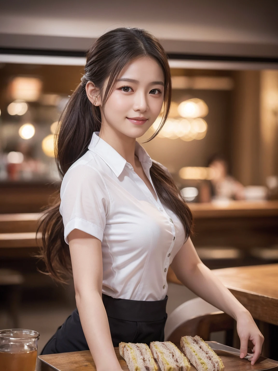 Smiling Asian waitress serving drinks, 2 girls, Beautiful attention to detail, Beautiful lip detail, Highly detailed eyes and face, Long eyelashes, Brown Hair, ponytail, A waitress making sandwiches on the back wall, restaurant, shirt, dish, cup, food, Realistic, (Highest quality,4K,8K,High resolution,masterpiece:1.2),Super detailed,(Realistic,photoRealistic,photo-Realistic:1.37),High resolution,超High resolution,Studio Lighting,Ultra-fine painting,Sharp focus,Physically Based Rendering,Very detailed explanation,Professional,Vibrant colors,Bokeh,Portraiture,photograph