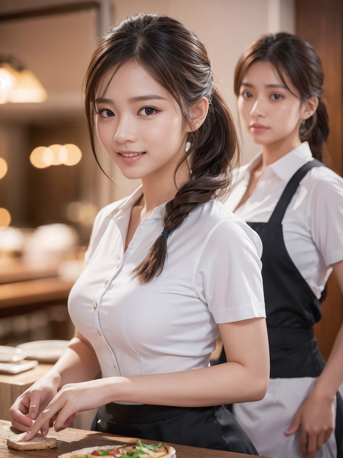 Smiling Asian waitress serving drinks, 2 girls, Beautiful attention to detail, Beautiful lip detail, Highly detailed eyes and face, Long eyelashes, Brown Hair, ponytail, A waitress making sandwiches on the back wall, restaurant, shirt, dish, cup, food, Realistic, (Highest quality,4K,8K,High resolution,masterpiece:1.2),Super detailed,(Realistic,photoRealistic,photo-Realistic:1.37),High resolution,超High resolution,Studio Lighting,Ultra-fine painting,Sharp focus,Physically Based Rendering,Very detailed explanation,Professional,Vibrant colors,Bokeh,Portraiture,photograph