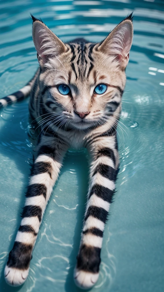 a striped cat with blue eyes and squint with an M on its forehead in a pool of water 