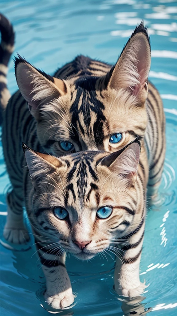 a striped cat with blue eyes and squint with an M on its forehead in a pool of water 