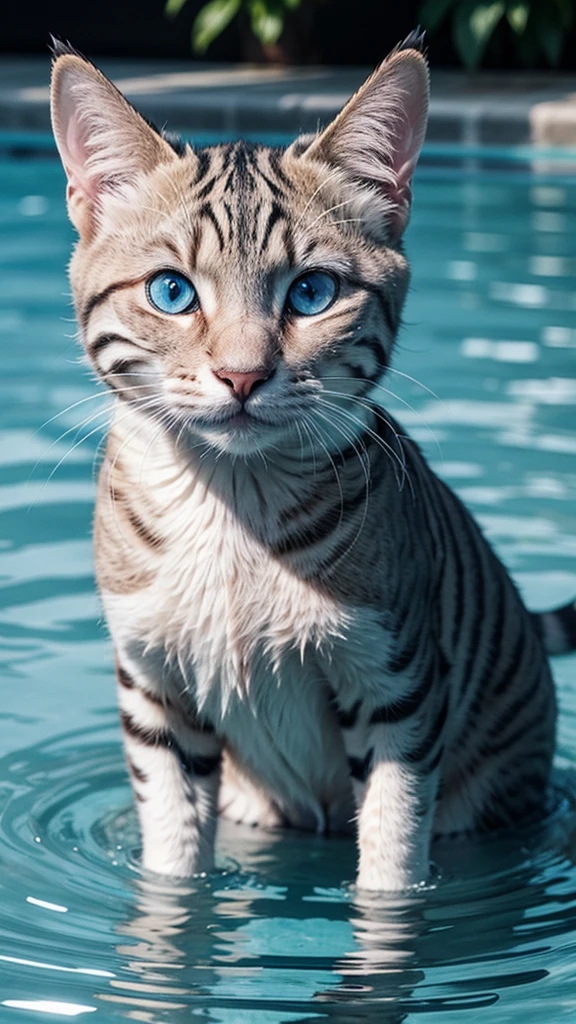 a striped cat with blue eyes and squint with an M on its forehead in a pool of water 