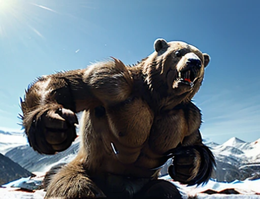 A frontal image of the moment of a polar bear attack on Expectador . The polar bear attacks the spectator with his binges, the bear is furious . Animal rage rage . He wears a very torn and torn leather blanket as primitive clothing..