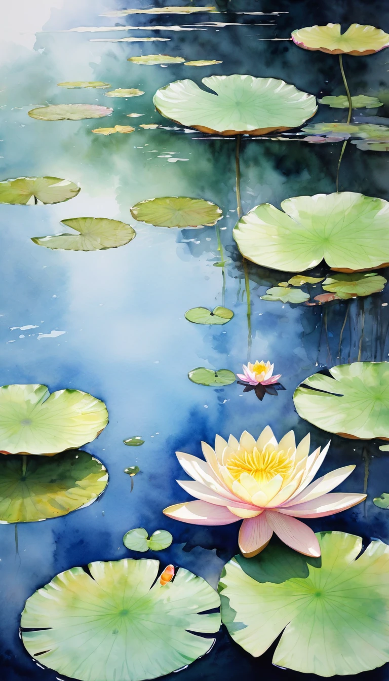on the screen, Light colored water lily leaves and flowers swaying in the water, Interweaving of light and shadow,Create a peaceful picture. 这幅work不仅展现了莫奈高超的技巧, It also conveys his love and admiration for nature and life.,watercolor, landscape, plan, work, sketch, Sky, wash, Mountains, hills, distance, prospect, Trees, bush, rock, detail, emphasize, dry, Final appearance, color, technology, color组合, creativity, (masterpiece, best quality:1.2)