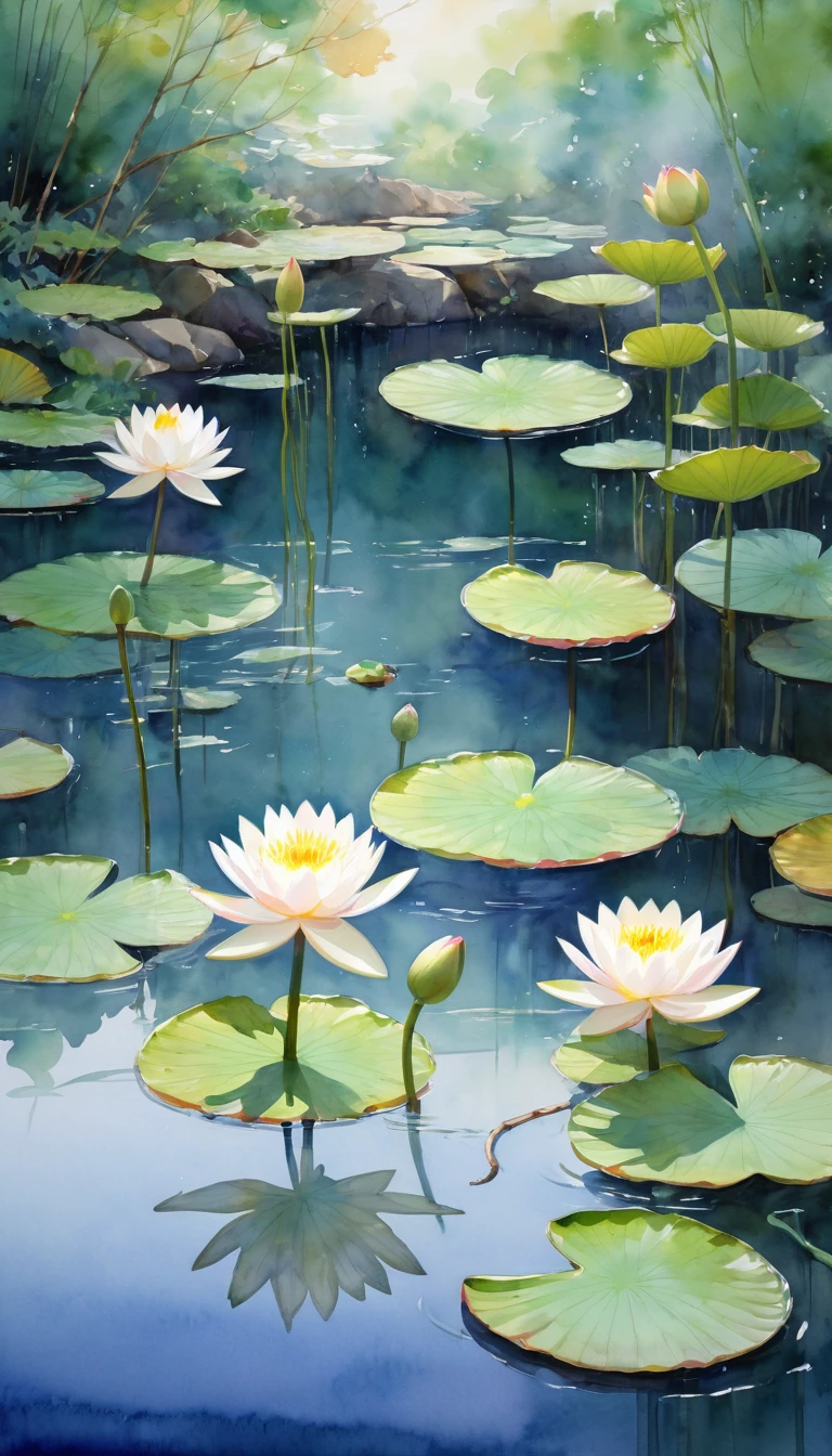 on the screen, Light colored water lily leaves and flowers swaying in the water, Interweaving of light and shadow,Create a peaceful picture. 这幅work不仅展现了莫奈高超的技巧, It also conveys his love and admiration for nature and life.,watercolor, landscape, plan, work, sketch, Sky, wash, Mountains, hills, distance, prospect, Trees, bush, rock, detail, emphasize, dry, Final appearance, color, technology, color组合, creativity, (masterpiece, best quality:1.2)