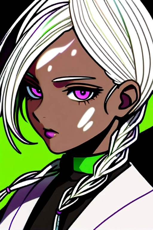 Girl with purple eyes, short white hair tied in braids close to the head, dark skin with vitiligo, black clothes with apple green details 