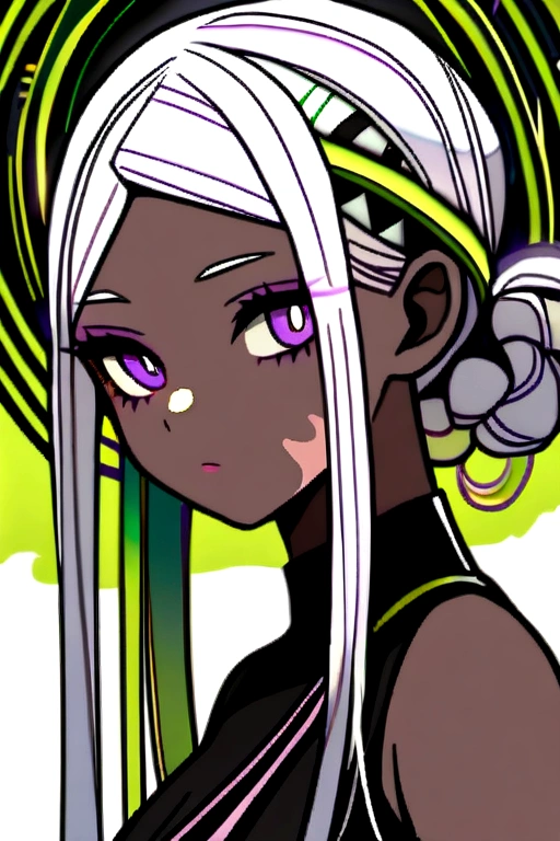 Girl with purple eyes, short white hair tied in braids close to the head, dark skin with vitiligo, black clothes with apple green details
