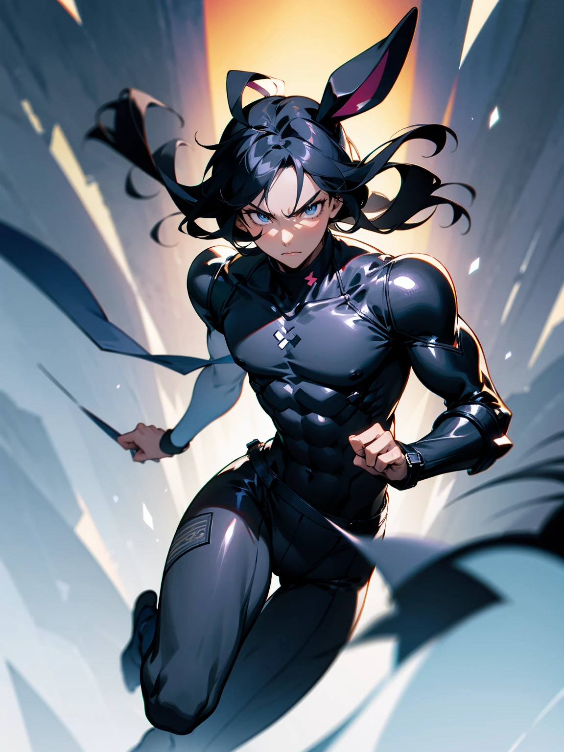1male, young, dark skin, black hair, wavy middle parted hair, rabbit ears, grey eyes, lean build, black sweatshirt, black super suit, tied to waist, leg bracers, Japanese school, serious expression