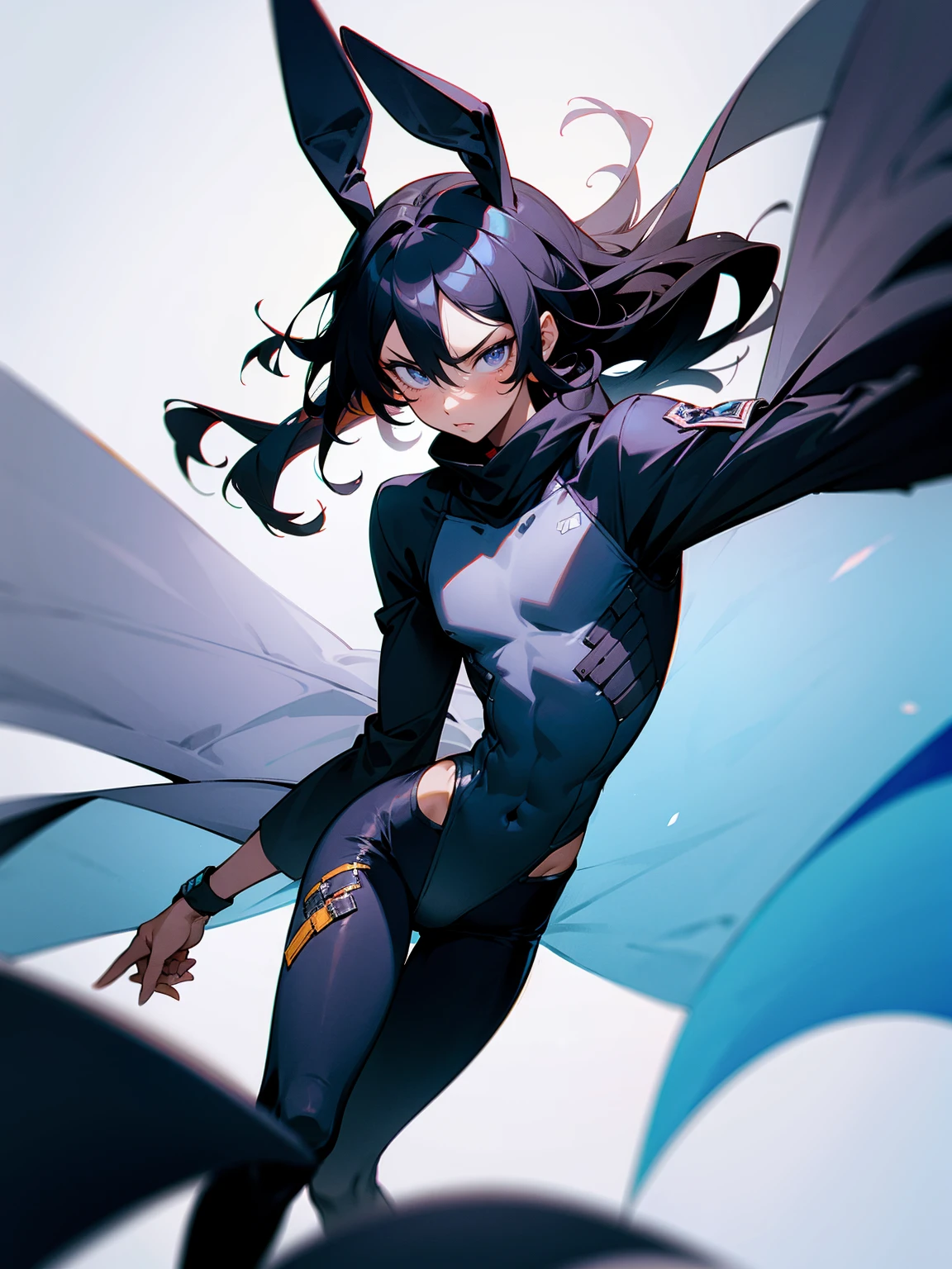 1male, young, dark skin, black hair, wavy middle parted hair, rabbit ears, grey eyes, lean build, black sweatshirt, black super suit, tied to waist, leg bracers, Japanese school, serious expression