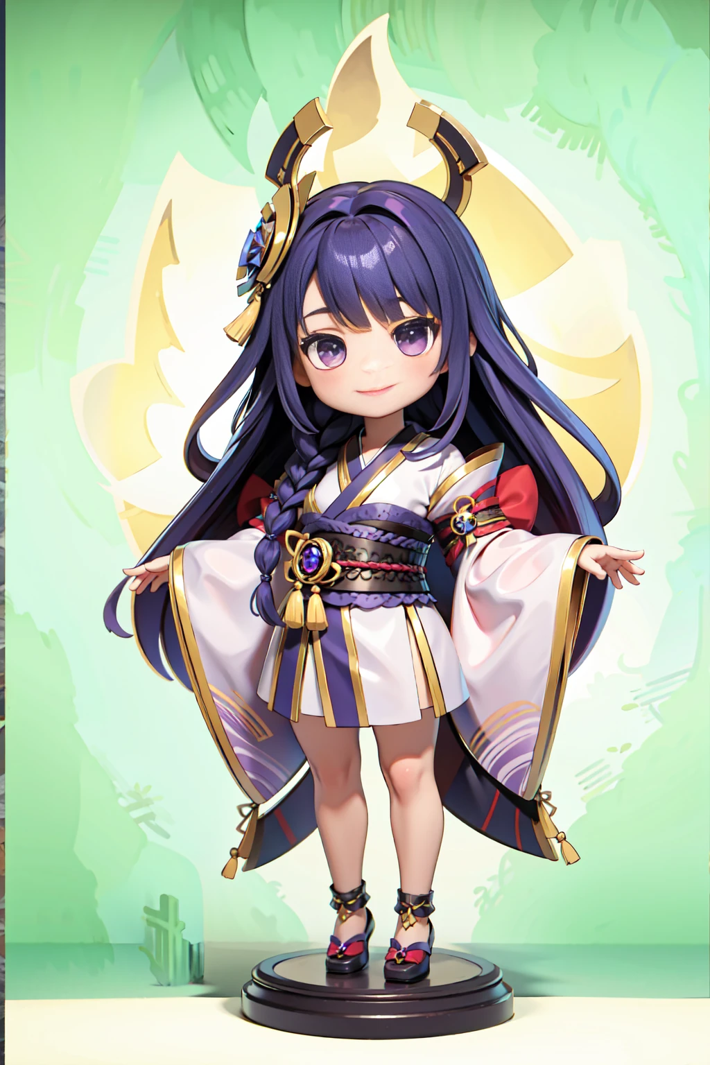 (masterpiece, best quality, highres, 8k:1.3),   1girl, solo, long hair, One braid hair, (purple hair:1.1), Hair ornament, purple eyes, purple kimono, standing, chibi, smile, detail color, detail skin Cristal, Glowing skin,