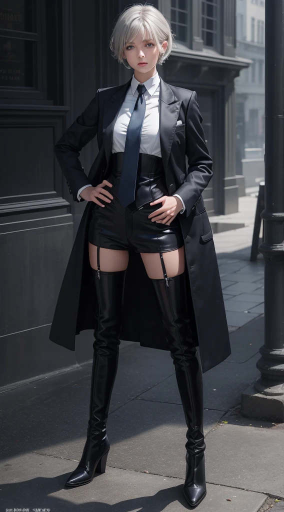 masterpiece, highest quality, High resolution, 1 girl, Gray Hair, short hair, blue eyes, Medium chest, OL, tie, Black suit, Please put your hands on your hips, Outdoor,Idol Master,Anastasia,Knee-high boots