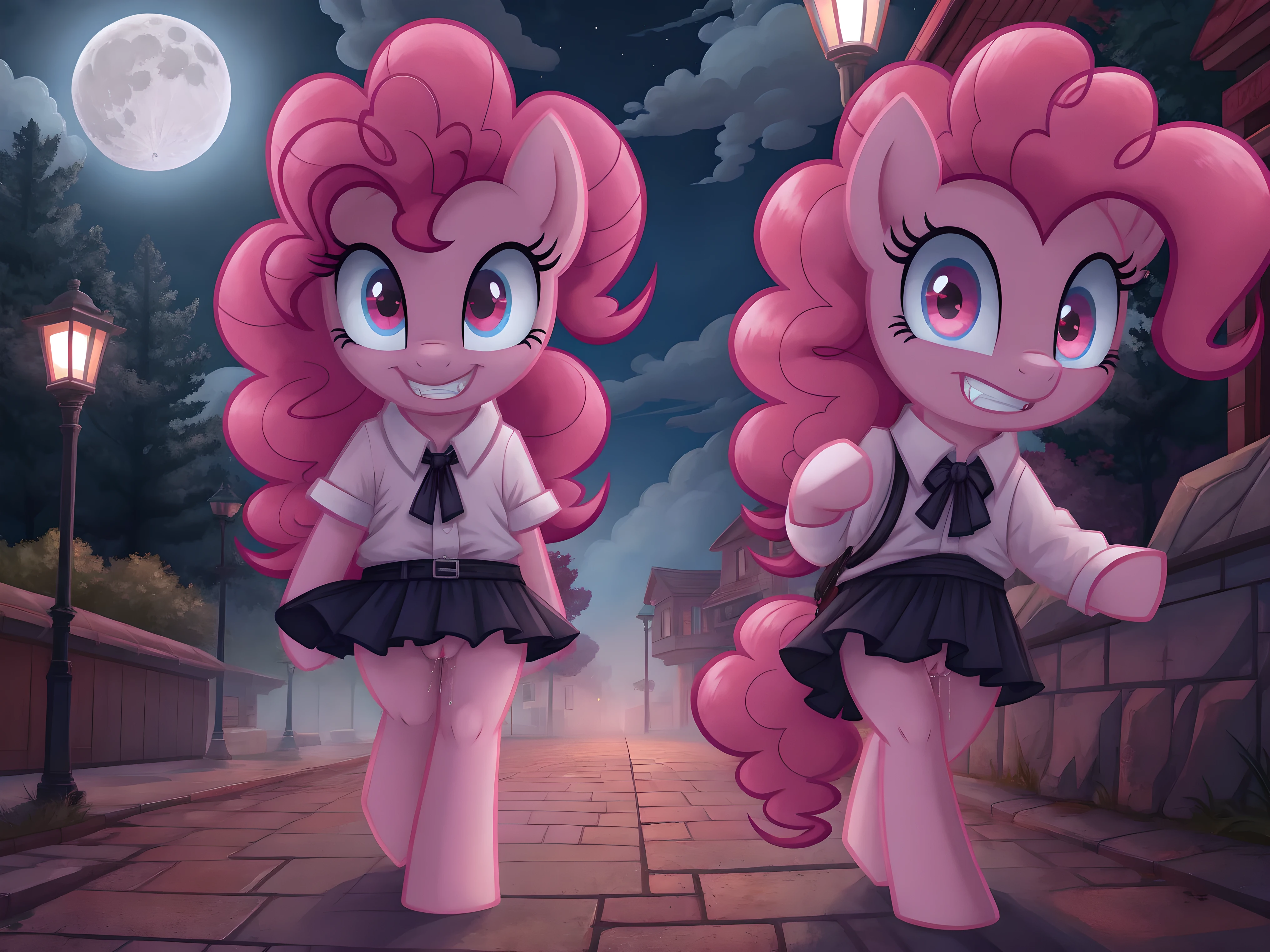 Pinkie pie, pony, walking,  skirt, pussy, pussy juice, vampire teeth, red eyes, glowing eyes, looking at the viewer, smirk, seductive,  in the forest, in public, evening, street lamps, fog, moon, clouds