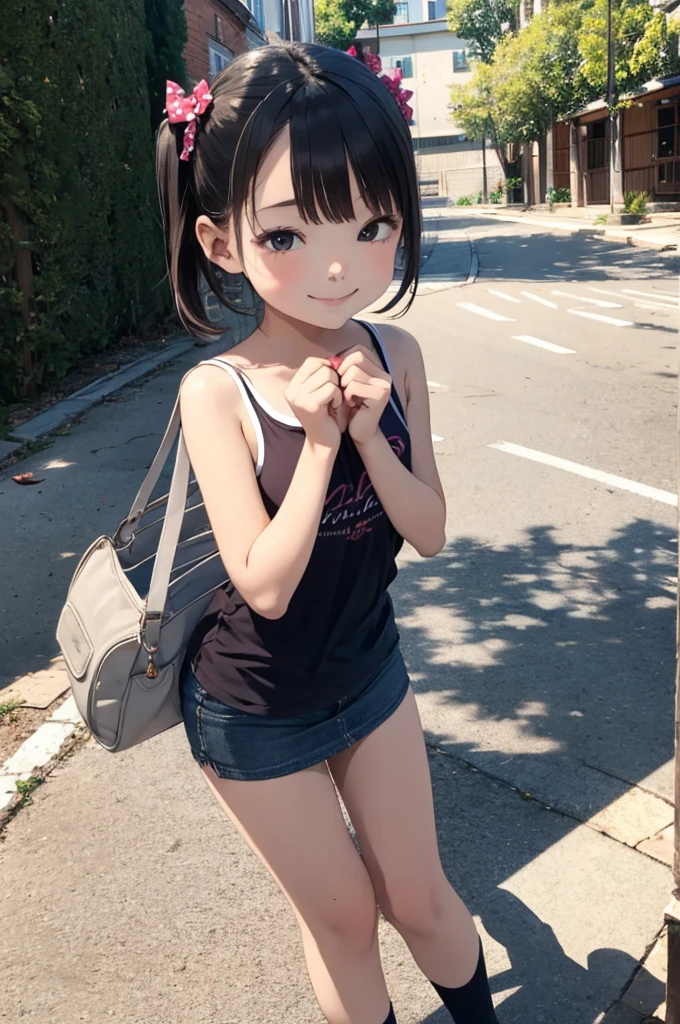 ,,(petite), 1girl, looking at viewer, , ,,,(smile),,perfect lighting,perfect shadow,,park,miniskirt,socks,camisole,