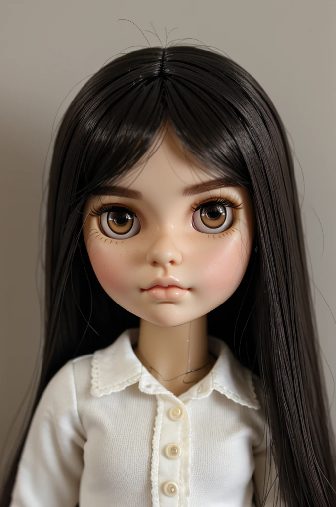 Blythe doll, chubby girl, round face, brunette, Mole under the right eye, dark brown eyes and a LITTLE slanted, black hair, thick lips, long eyelashes, straight hair