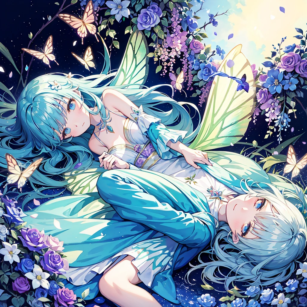 Beautiful girl in fairy costume, Surrounded by flowers and butterflies. content: Watercolor painting. style: Strange and exquisite, Like a children's book illustration.