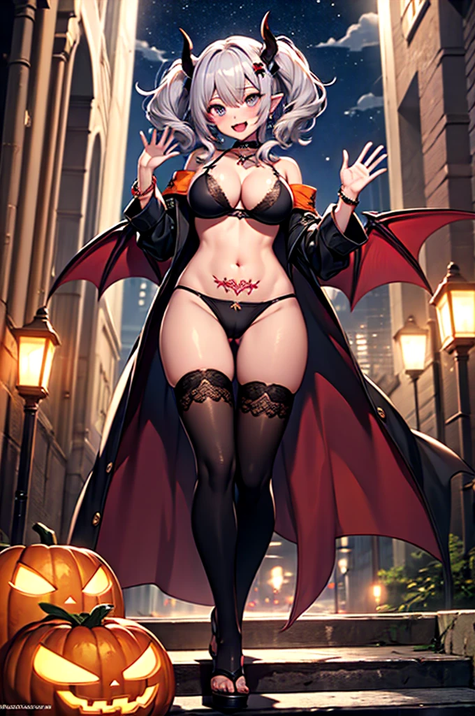 1girl, breasts, solo, highleg, thighhighs, long hair, navel, looking at viewer, smile, blue eyes, open mouth, ass visible through thighs, two side up, head wings, cameltoe, stomach, armpits, red thighhighs, :d, standing, fang, bare shoulders, arm up, bangs, revealing clothes, thighs, blush, outdoors, black bikini, highleg bikini, full moon, highleg panties, moon, medium breasts, skindentation, demon girl, high heels, underwear,
white hair, bikini, large breasts, very long hair, swimsuit, night, toes, off shoulder, hair ornament, cleavage, full body, open clothes, choker, wings, jewelry, wristband, hand up, toeless legwear, earrings, grey hair, skin fang, panties, groin, sandals, wide sleeves, bracelet, detached sleeves, bridal legwear, demon wings, bra, feet, from below, thigh boots, horns, sidelocks, jacket, open jacket, sky, black panties, long sleeves, legs, black bra, purple eyes, boots, dutch angle, twintails, wing hair ornament, cross, stirrup legwear, hair between eyes, partially visible vulva, fangs, red footwear, coat, floating hair, open coat, pointy ears, toeless footwear, demon horns, halloween, vampire, pelvic curtain, toenails, midriff, building, black footwear, string bikini, black choker, covered nipples, stairs, indoors, bat wings, breasts apart, detached collar, bat hair ornament, demon tail, night sky, lantern, ruins, red bikini, cloud, v-shaped eyebrows, simple background, white background, string panties, contrapposto, black jacket, +_+, sideboob, robe, cross earrings, watermark, crossed bangs, shoes, pubic tattoo, waving, collarbone, outstretched arm, thong, toenail polish,