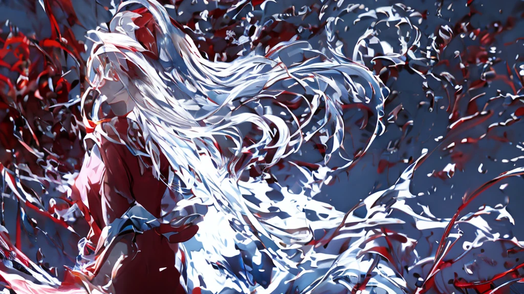 1 Girl, medium light white hair, light white eyes, wearing Red Suit 4D , night TOWN 18+, high res, ultrasharp, 8K, masterpiece, looking from behind