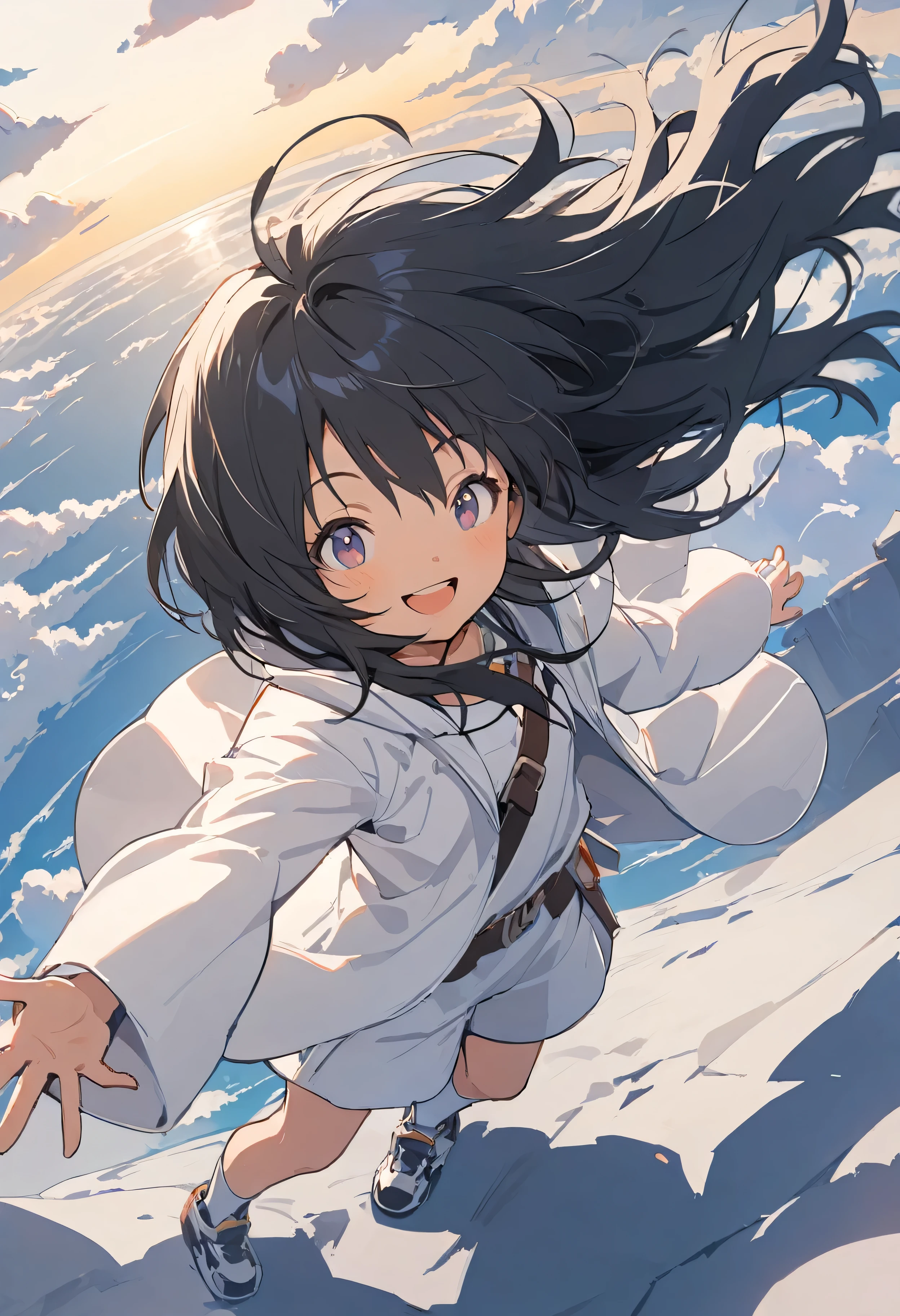 (masterpiece), (Highest quality), (Very detailed), (Disheveled Hair), (One Girl), (White clothes), (Black Hair), Full Body Shot, Perfect Anatomy, One Girl, cloud girl, cloud, null, bright, Happy, fun, Dazzling Light, 青null, Daytime, Dynamic Angle, Anime Style, smiling amidst the scenes, 10 years old