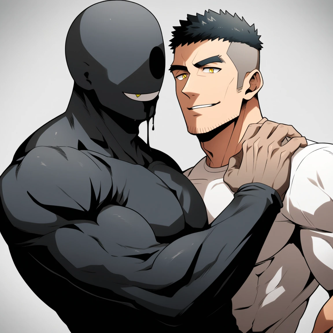 anime characters：Two superheroes in tights, Muscle Sports Student and Muscle Slime No Face No Eyes skinhead superhero, No Face, He spews out a lot of black slime., negro black skin, They hugged and kissed each other, Bite your neck, Caress, Manliness, male focus, Yellow and black high collar long sleeve tight T-shirt, Slightly transparent material, Very tight, Round, full and perky chest muscles, Muscle waist, Slightly transparent, muscular male, muscular, only, Upper body, alone, Black short hair, Thick eyebrows, stubble, Yellow eyes, Grey background, simple background, amazing quality, best aesthetics, Ridiculous, bright pupils, crew cut, parted lips, seductive smile, torogao, naughty face, drop shadow, best quality