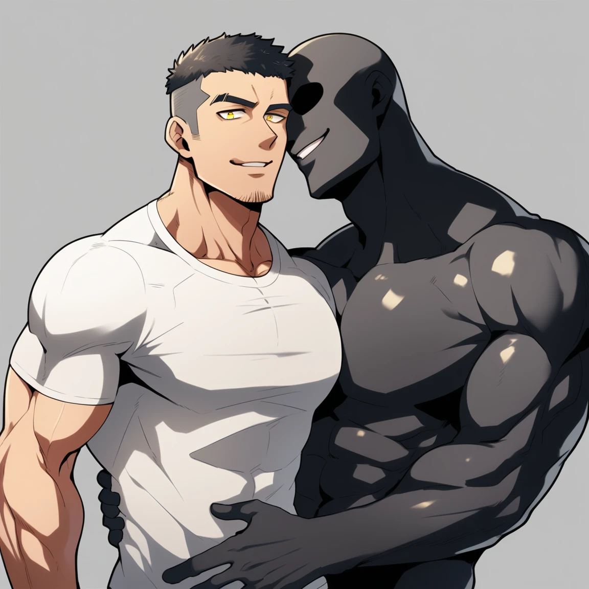 anime characters：Two superheroes in tights, Muscle Sports Student and Muscle Slime No Face No Eyes skinhead superhero, No Face, He spews out a lot of black slime., negro black skin, They hugged and kissed each other, Bite your neck, Caress, Manliness, male focus, Yellow and black high collar long sleeve tight T-shirt, Slightly transparent material, Very tight, Round, full and perky chest muscles, Muscle waist, Slightly transparent, muscular male, muscular, only, Upper body, alone, Black short hair, Thick eyebrows, stubble, Yellow eyes, Grey background, simple background, amazing quality, best aesthetics, Ridiculous, bright pupils, crew cut, parted lips, seductive smile, torogao, naughty face, drop shadow, best quality