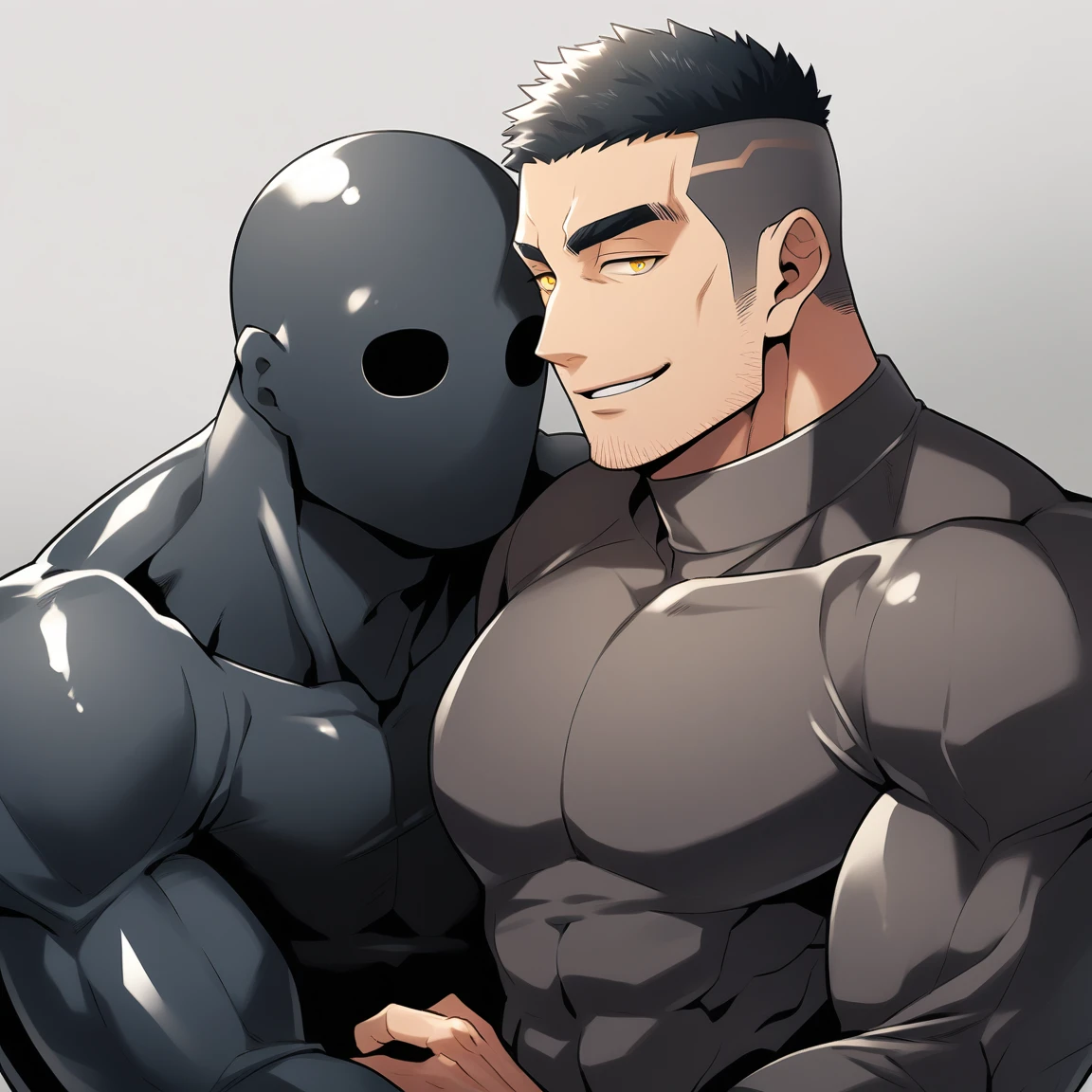 anime characters：Two superheroes in tights, Muscle Sports Student and Muscle Slime No Face No Eyes skinhead superhero, No Face, He spews out a lot of black slime., negro black skin, They hugged and kissed each other, Bite your neck, Caress, Manliness, male focus, Yellow and black high collar long sleeve tight T-shirt, Slightly transparent material, Very tight, Round, full and perky chest muscles, Muscle waist, Slightly transparent, muscular male, muscular, only, Upper body, alone, Black short hair, Thick eyebrows, stubble, Yellow eyes, Grey background, simple background, amazing quality, best aesthetics, Ridiculous, bright pupils, crew cut, parted lips, seductive smile, torogao, naughty face, drop shadow, best quality