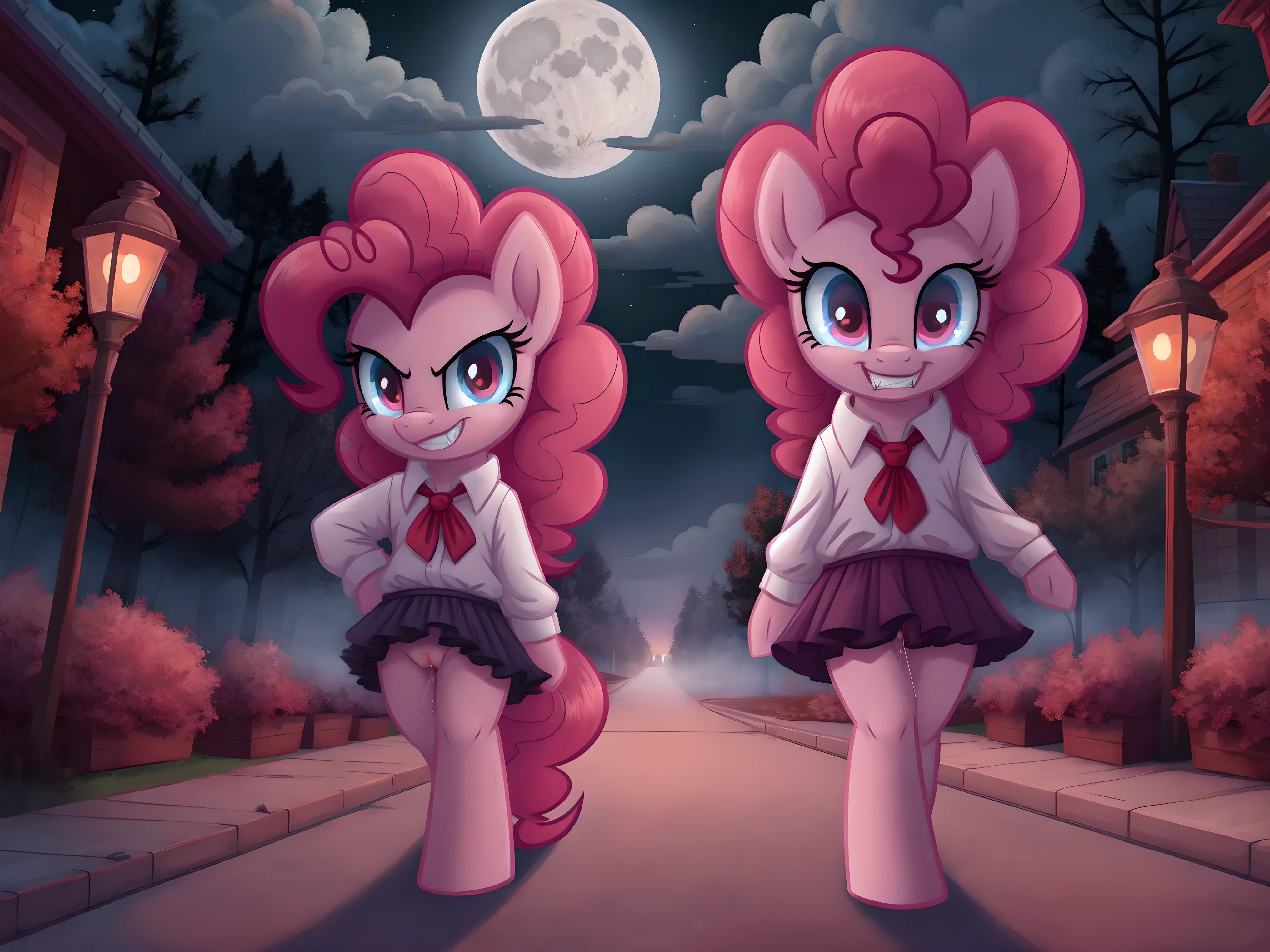 Pinkie pie, pony, walking,  skirt, pussy, pussy juice, vampire teeth, red eyes, glowing eyes, looking at the viewer, smirk, seductive,  in the forest, in public, evening, street lamps, fog, moon, clouds